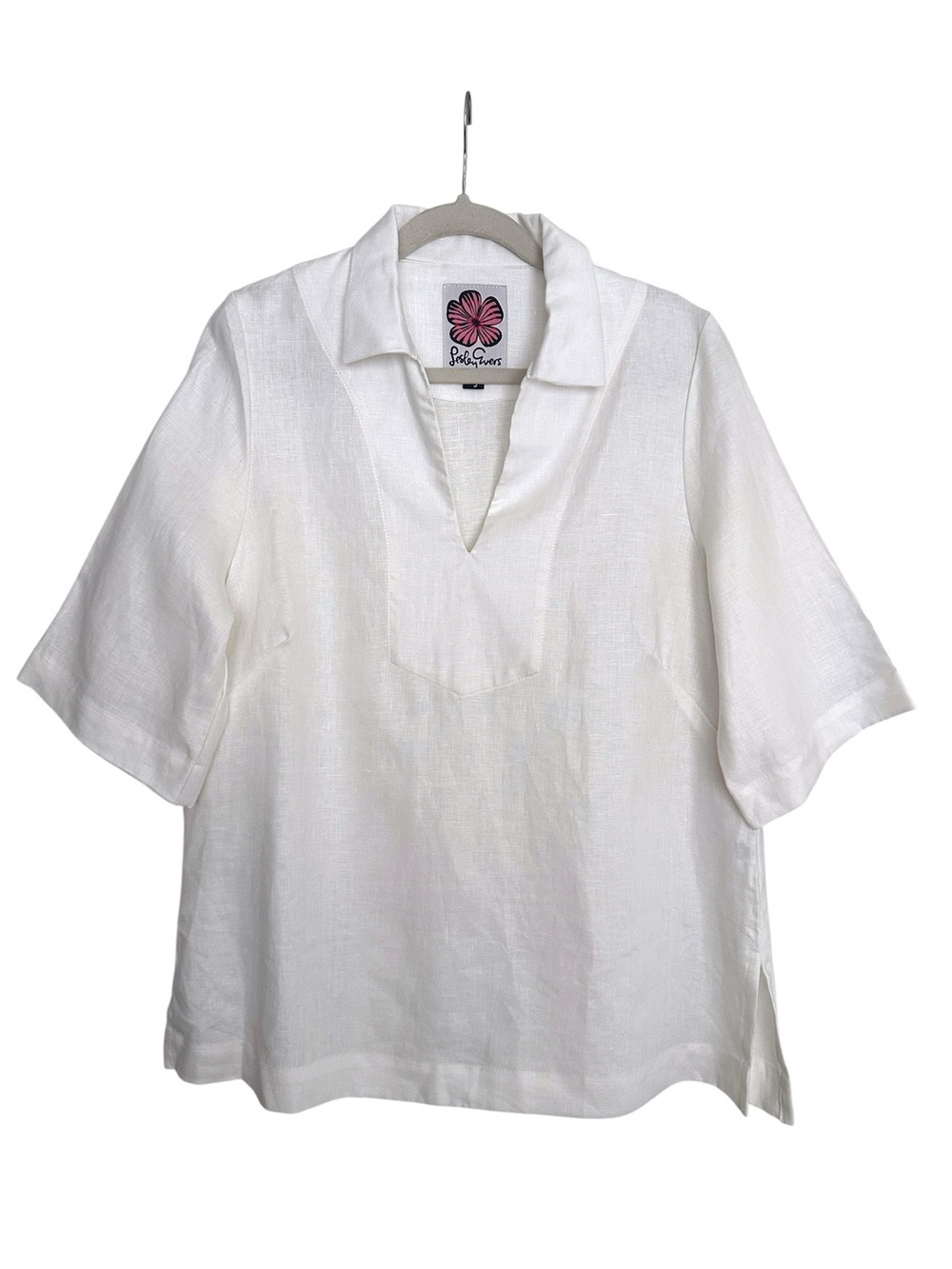 LESLEY EVERS 100% Linen Popover Blouse – White Minimalist Coastal Luxe Top Large